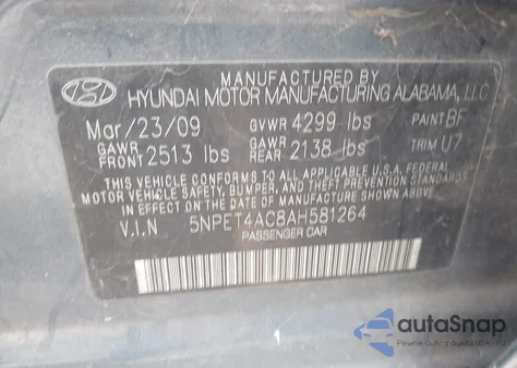 2010 Hyundai Sonata Gls z USA, uszkodzony, nr VIN 5NPET4AC8AH581264